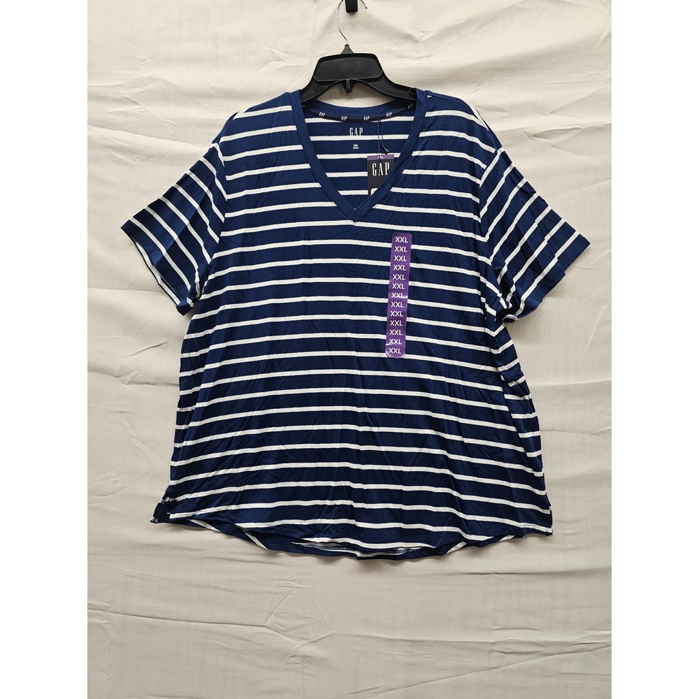 Gap Womens Striped V-Neck Short Sleeve T-Shirt Navy Cotton Casual Size 2XL